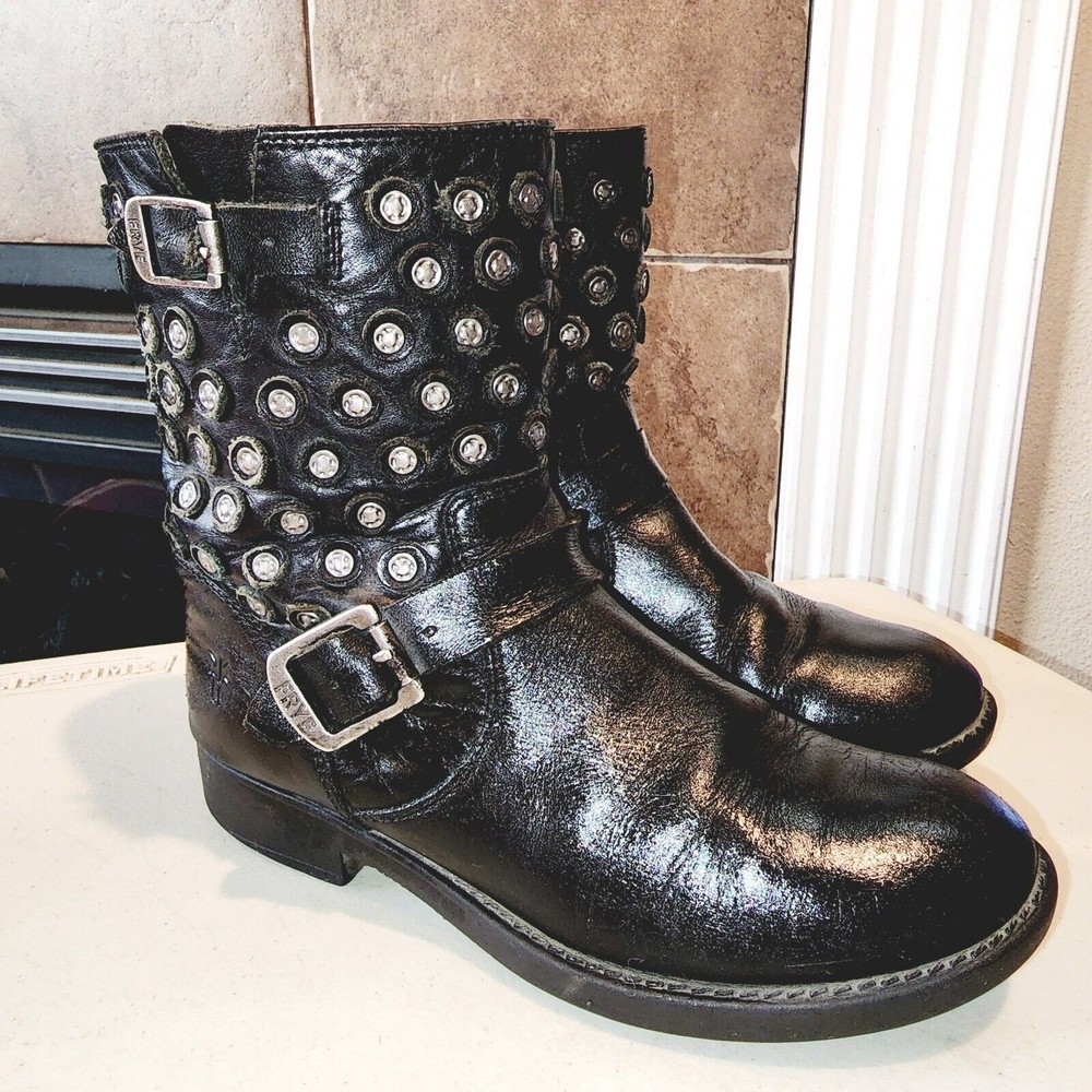 FRYE | JENNA DISC Youth Girls Studded Blk Leather Buckle Flat Short Boots 3.5Y